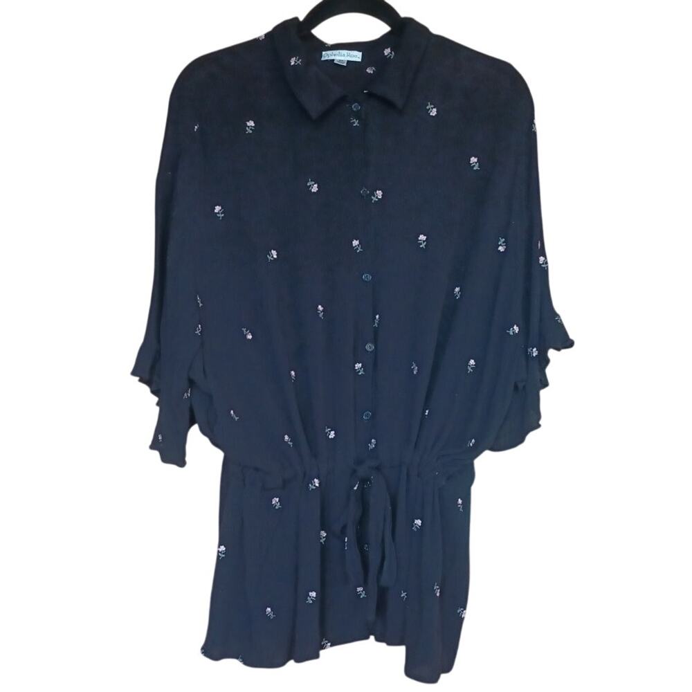 Ophelia Roe Black Button Up Tunic With Pink Roses Drawstring at waist Women's 3X